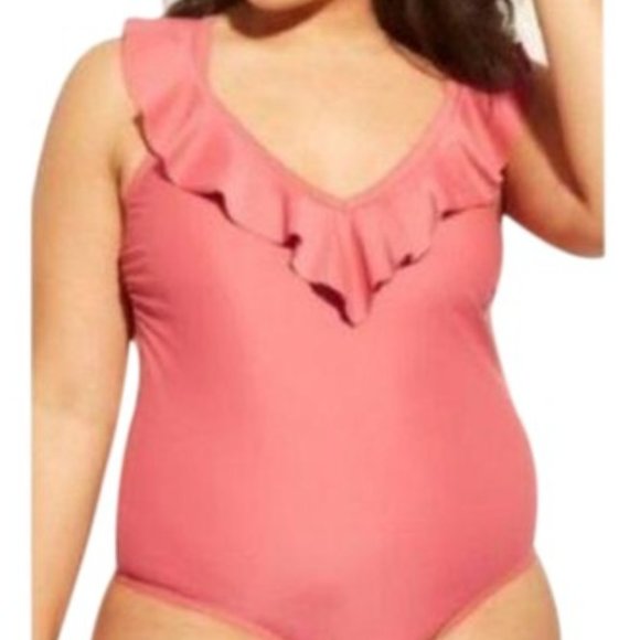 Xhilaration Mauve Pink Ruffle V-neck One Piece Swimsuit Size 14W - Picture 2 of 9